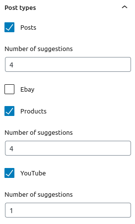 Gutenberg block of related posts settings.