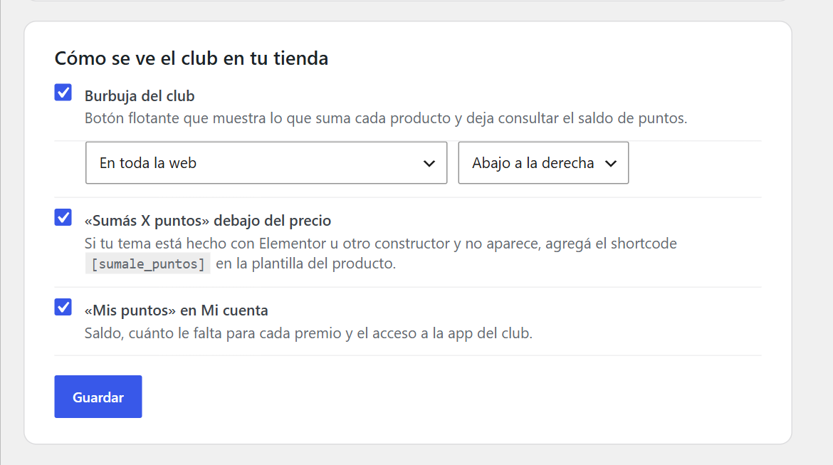 Choose what appears in your store: the club bubble, the line under the price and "My points".