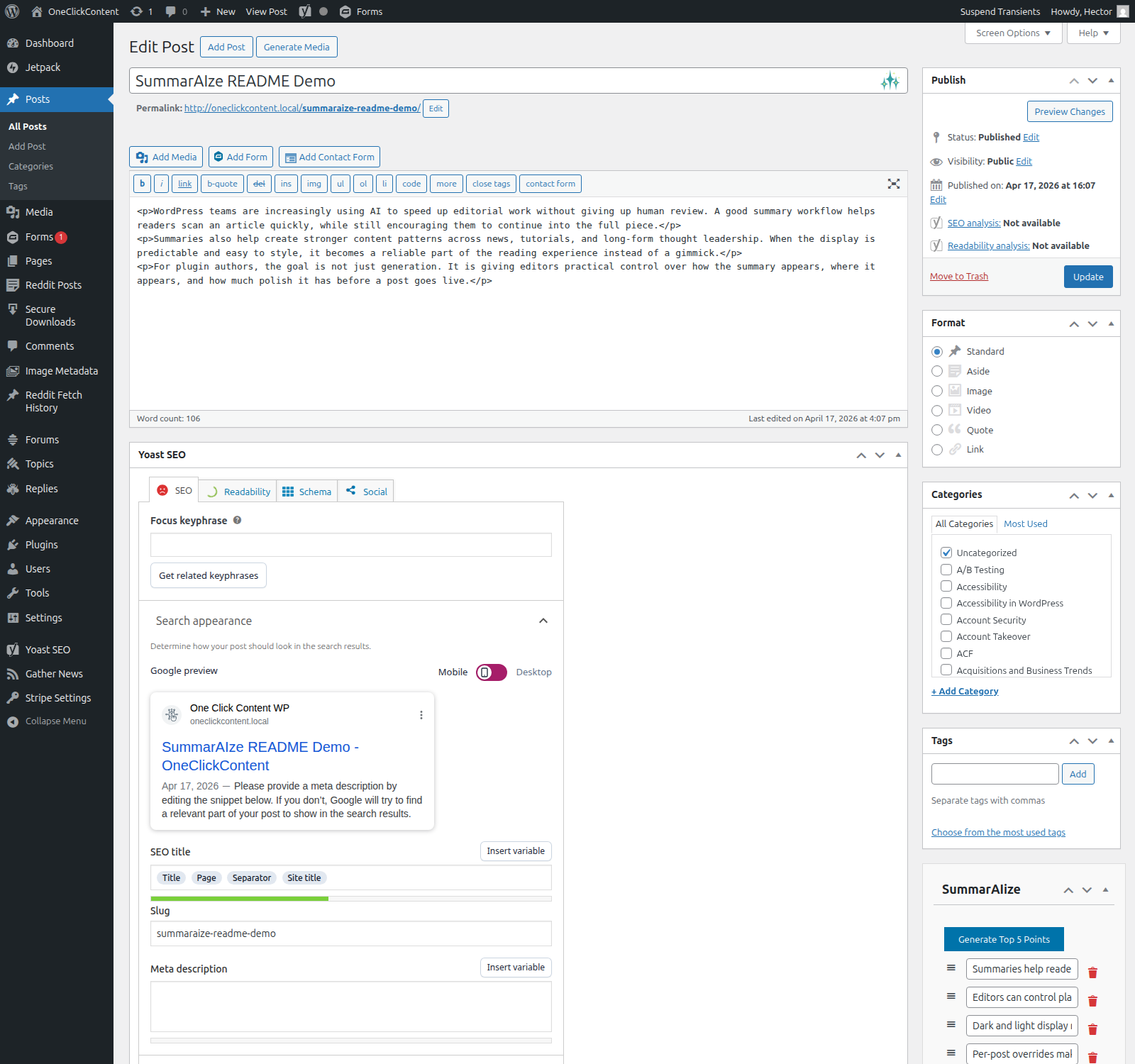 Generate and refine takeaways in the classic editor meta box.