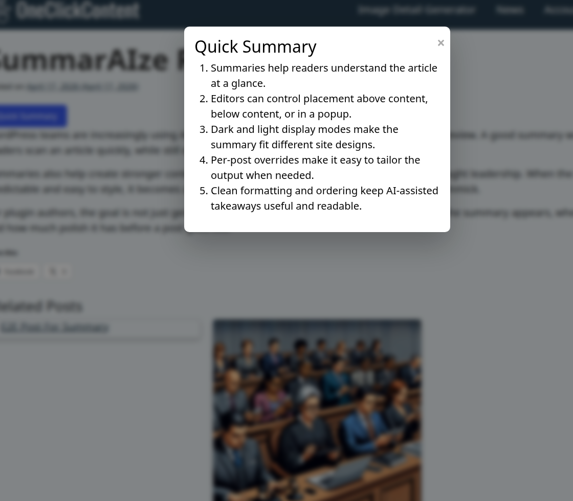 Render the summary in a popup layout.