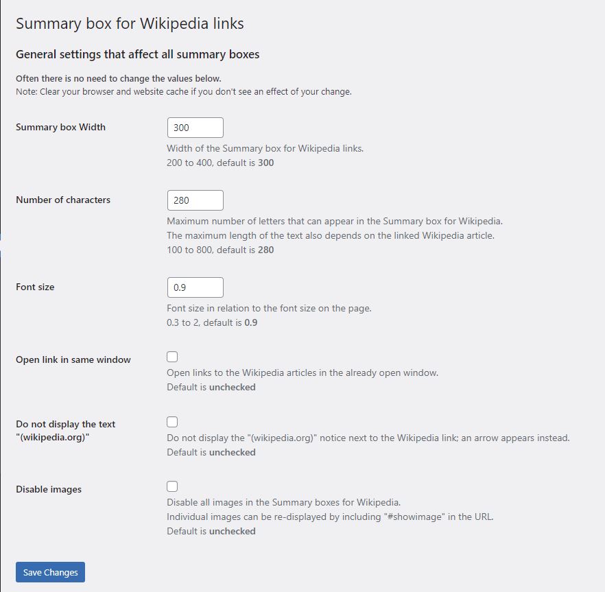 Settings of the «Summary box for Wikipedia links» that affect Summary boxes