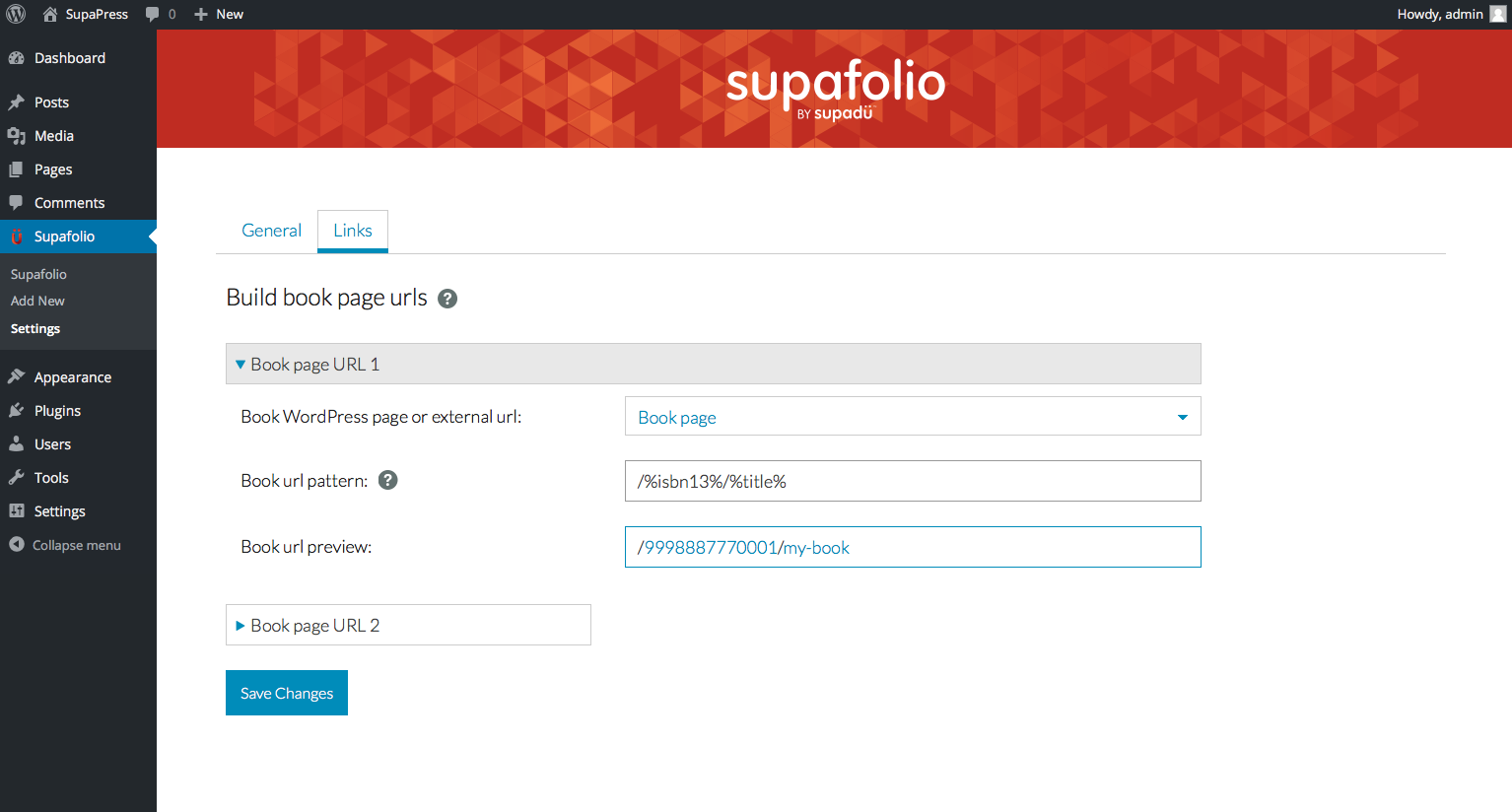 Use the Links tab in the settings to create you custom book page url patterns.