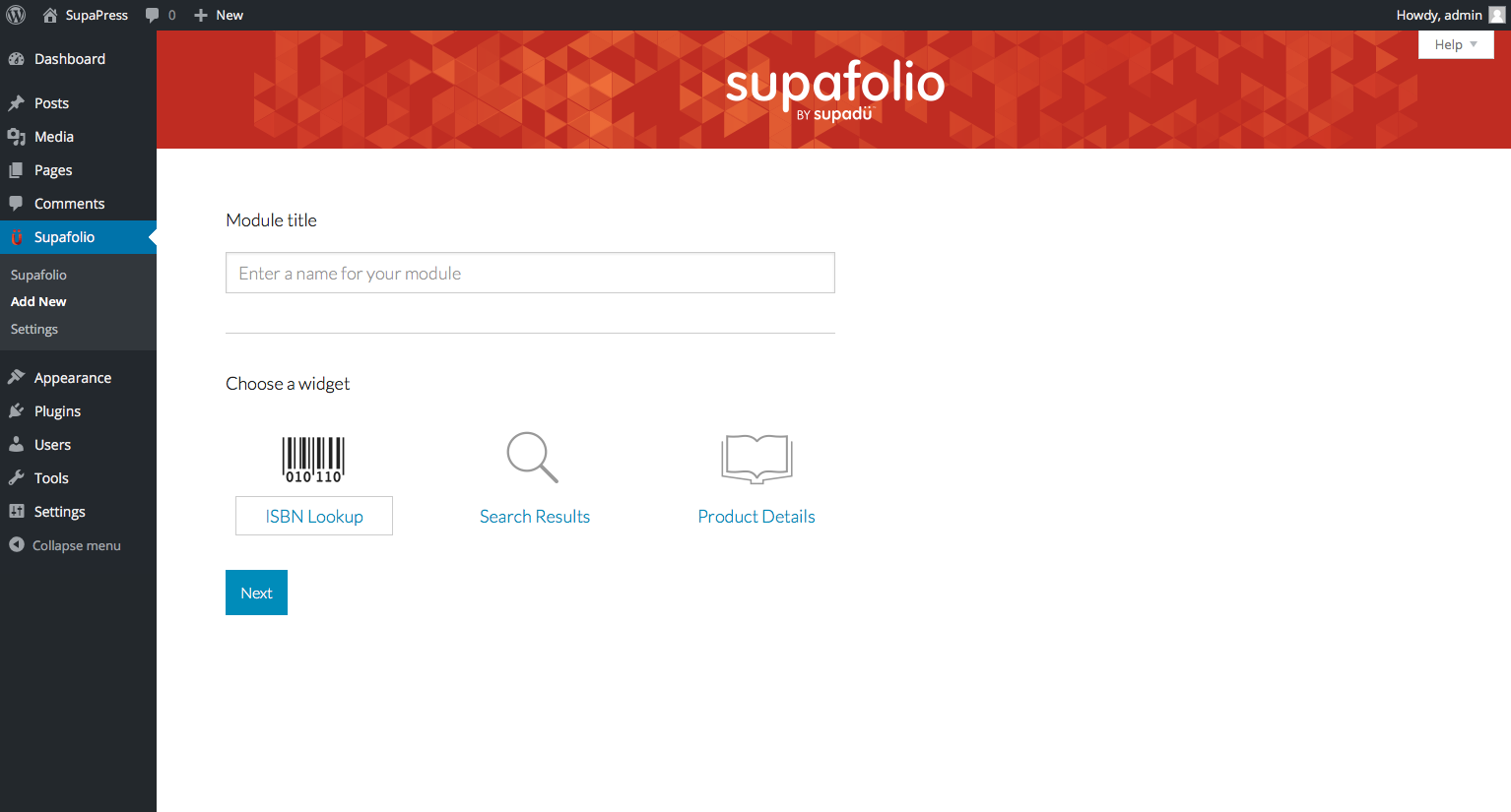 Go to Supafolio > Add New to start creating your widget - add a new and select which type of widget you wish to create.