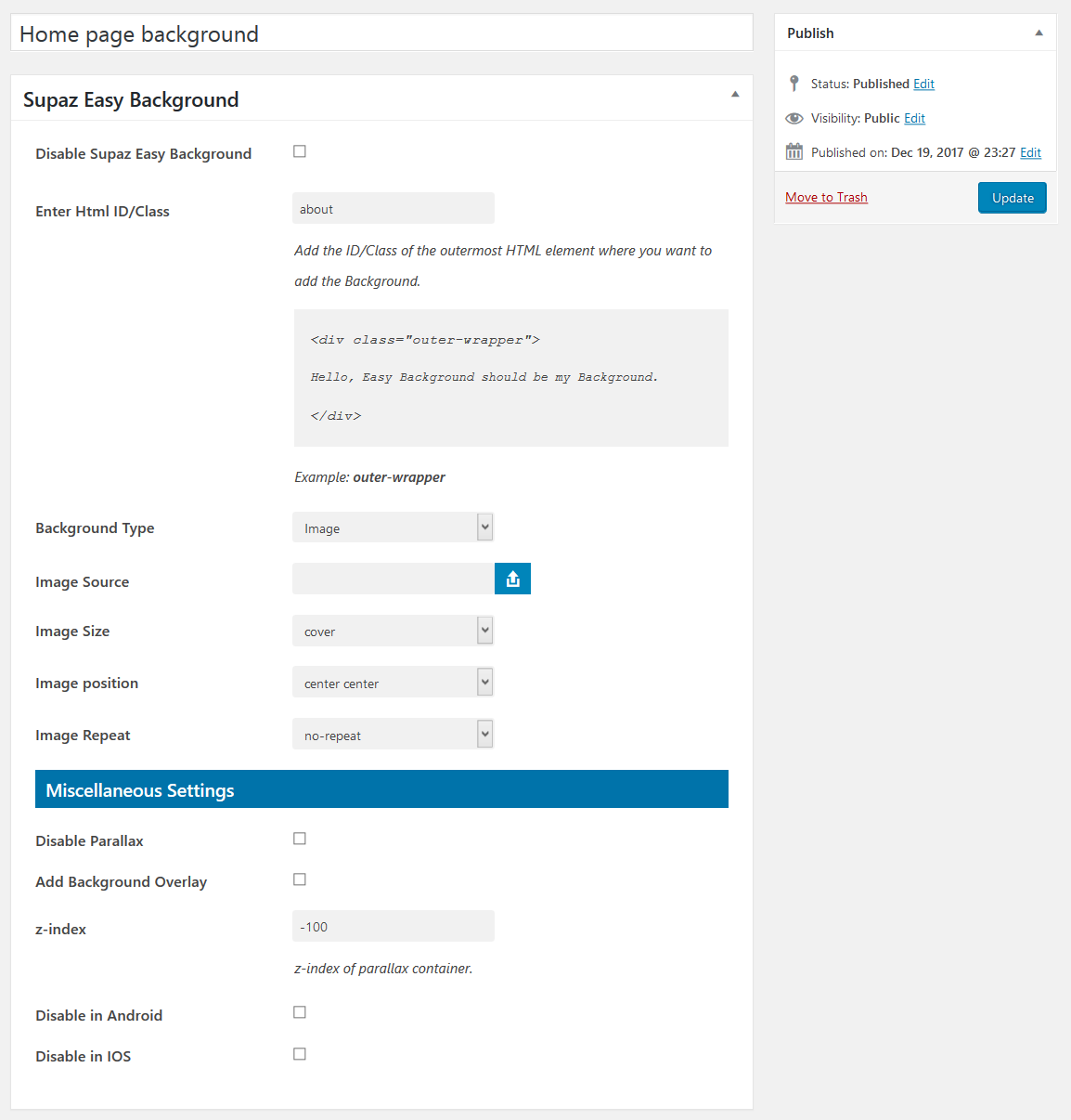 Backend - easy background settings configrations.