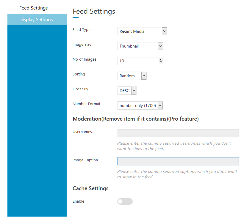Backend - Feed settings.