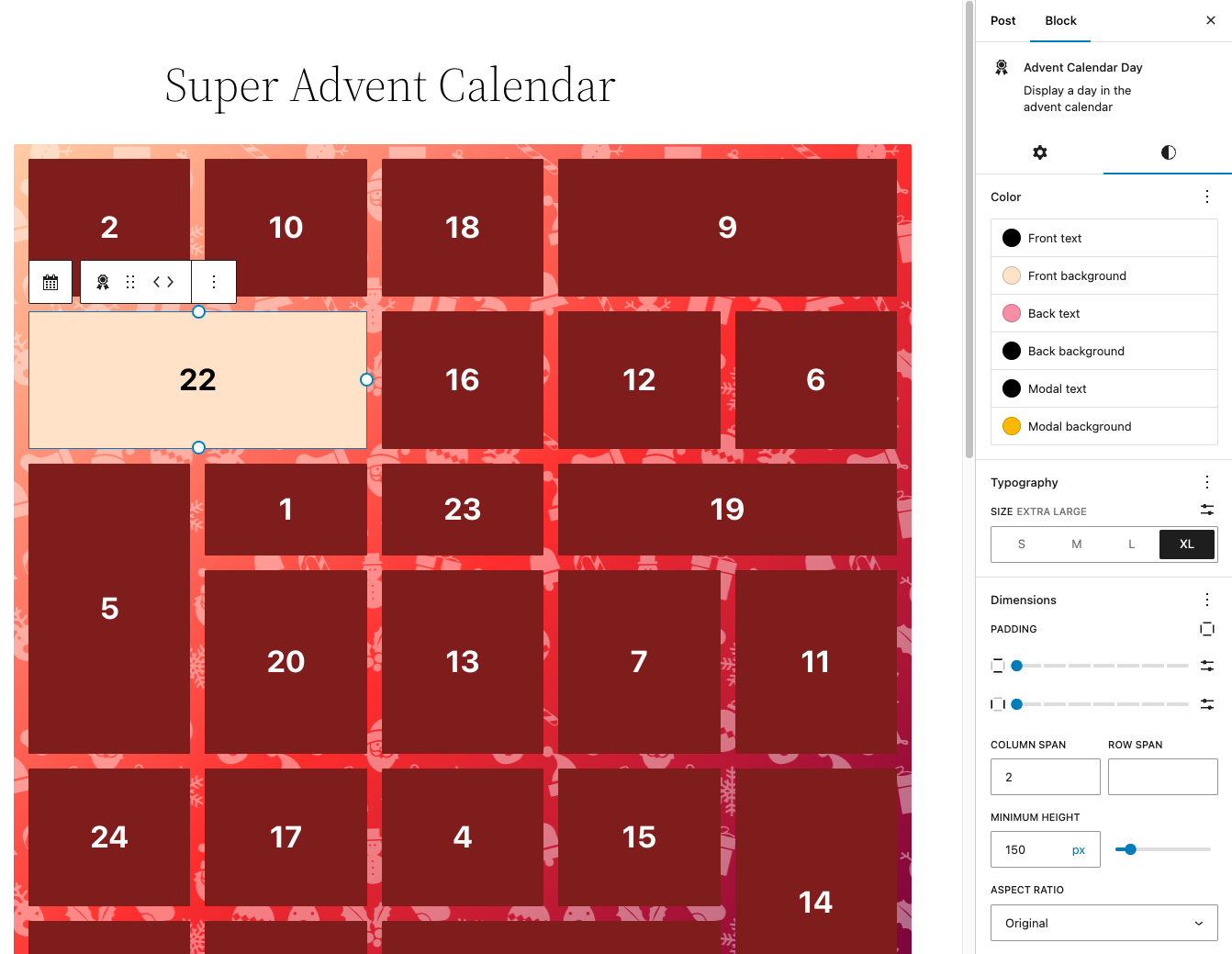 Change colors, typography and dimensions per day