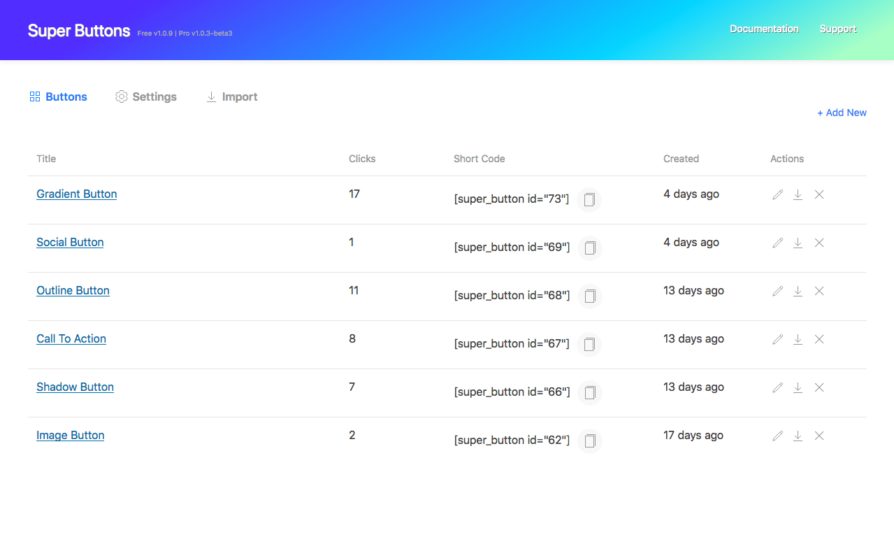 Buttons list screen.