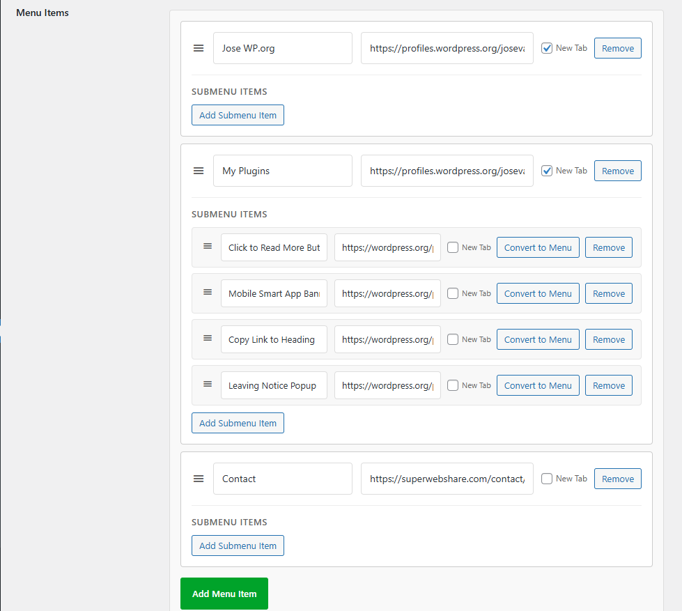 Drag & drop interface for managing menu items and submenus