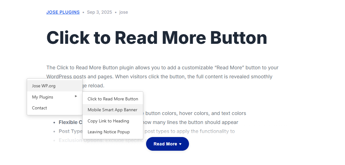 Custom right-click menu in action on the frontend