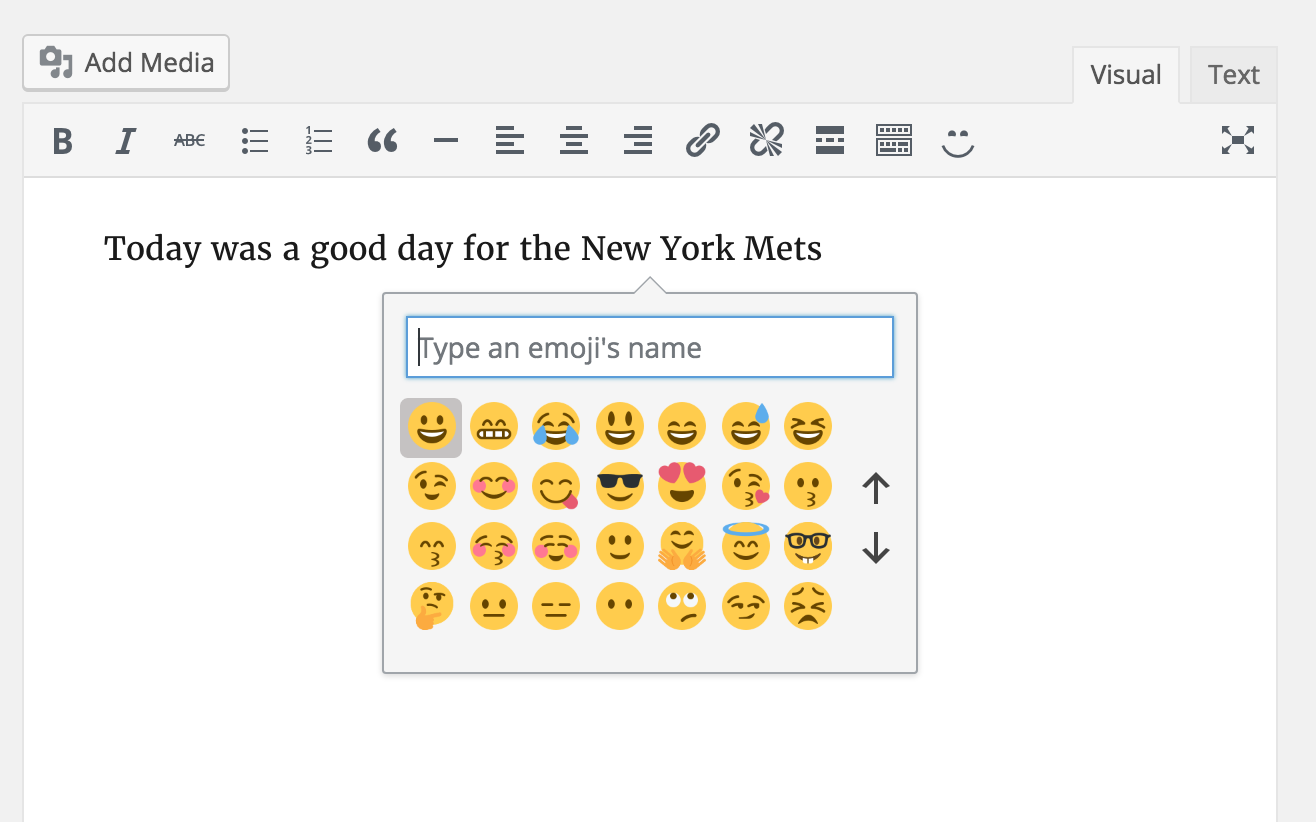 Clicking the button opens up a toolbar to search for and insert emoji into your post content.