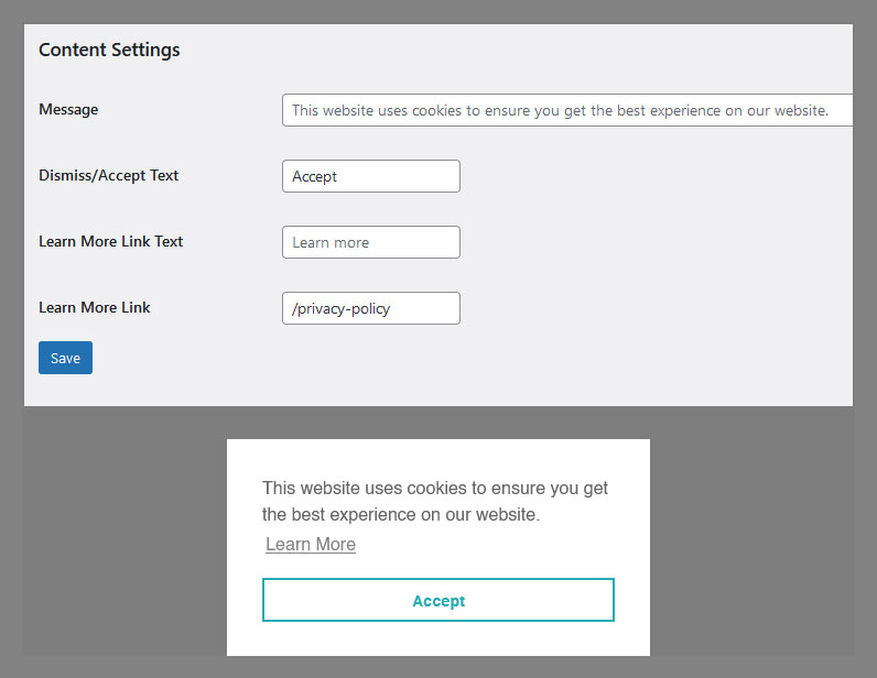 Customisable message, learn more link, and button.