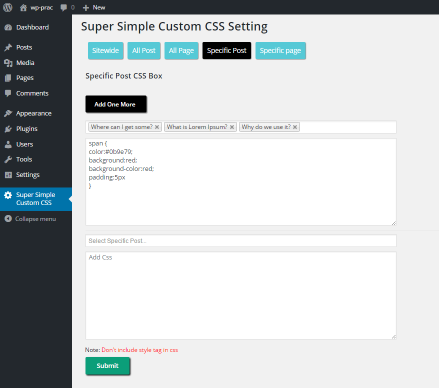 Apply CSS to Specific Post using Super Simple Custom CSS plugin.