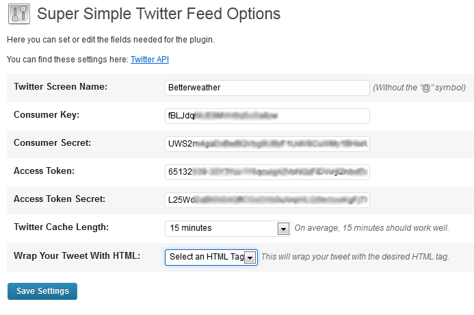Settings Screen from Wordpress Admin.