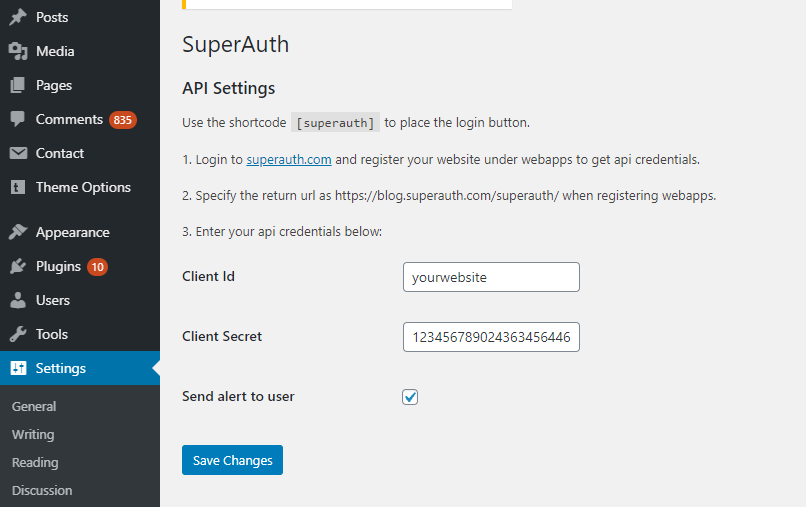 **SuperAuth Settings** - Easy integration. Just specify your API credentials in the SuperAuth settings page.