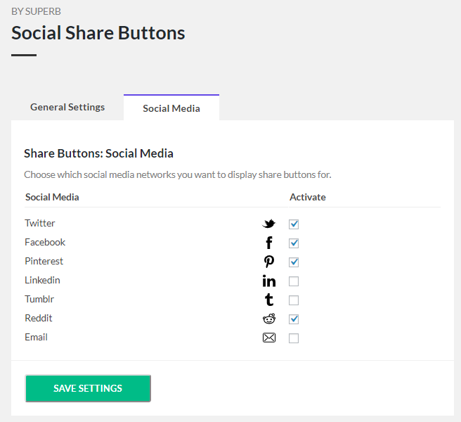 Share buttons - Active social media settings.