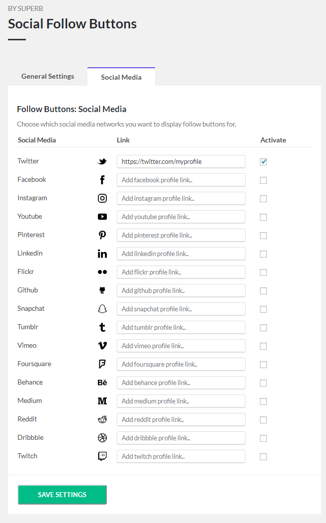 Follow buttons - Active social media settings.