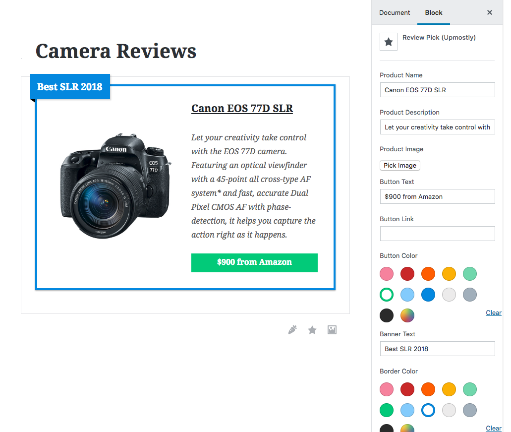 The Review Pick block. Create beautiful looking product review picks to make your blog content really stand out.