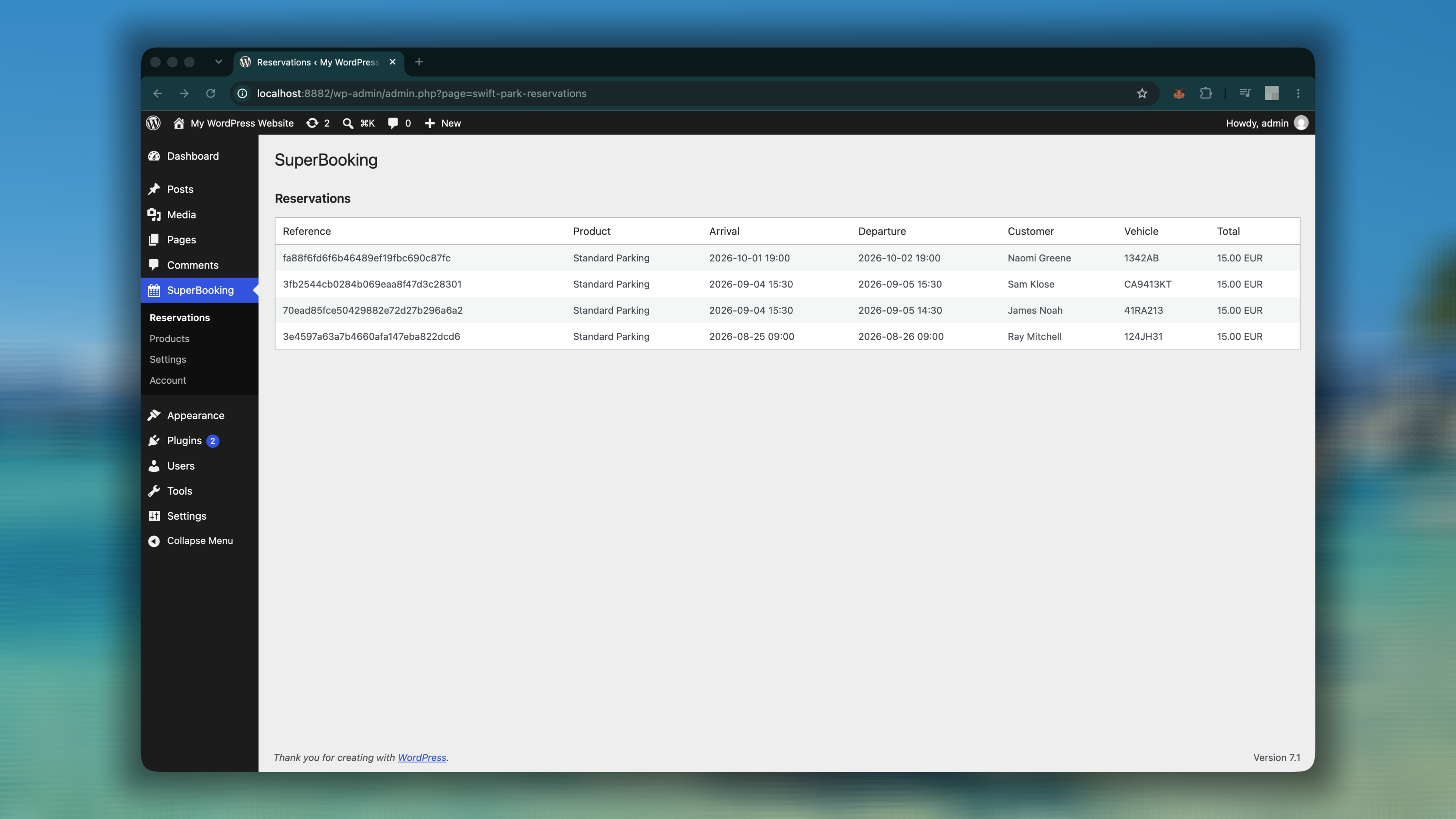 A dashboard showing booking references, arrival and departure times, customer and vehicle details, and totals in one place.