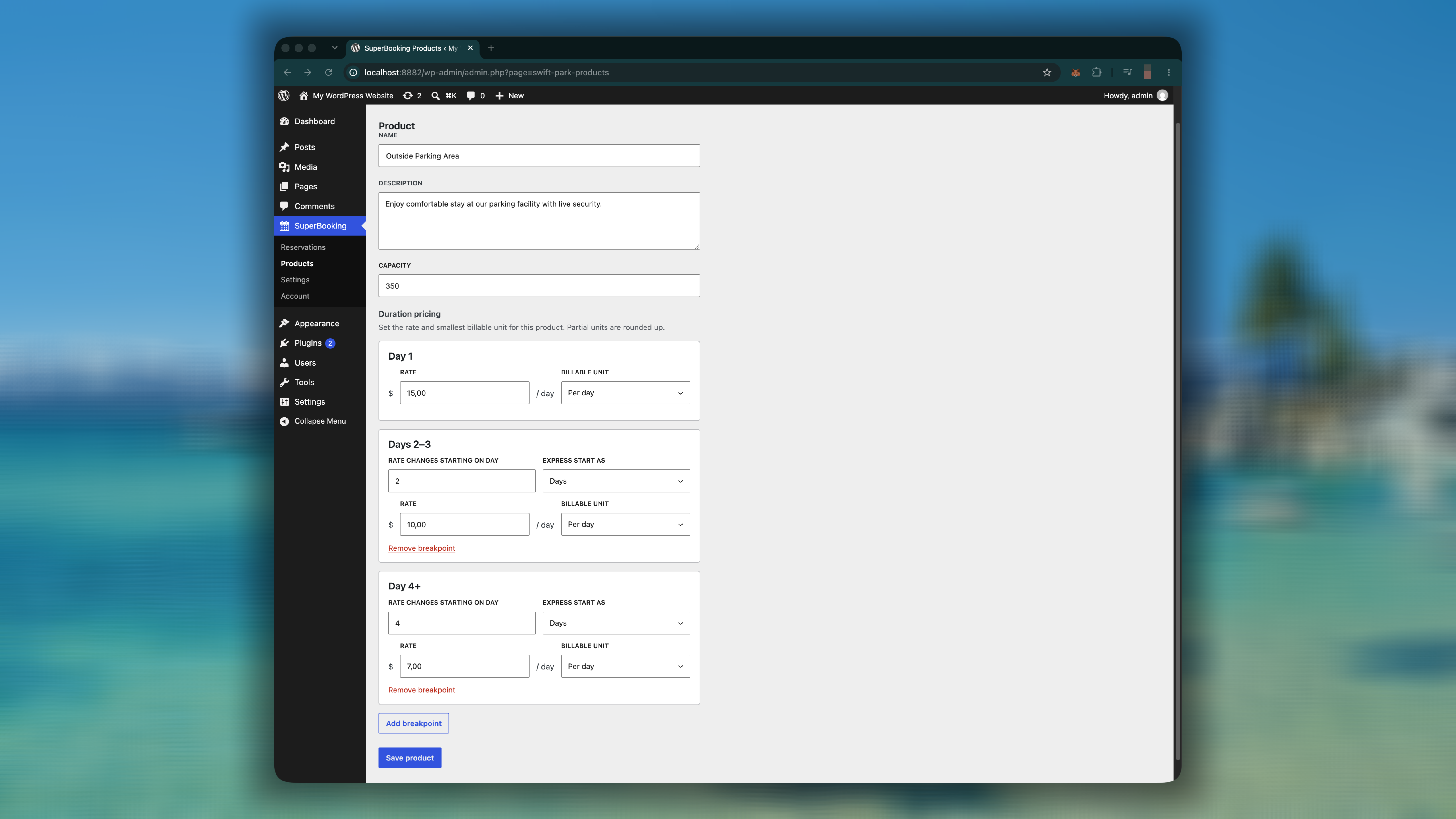Product configuration with capacity settings and duration-based pricing breakpoints, allowing rates to adjust according to the length of each stay.