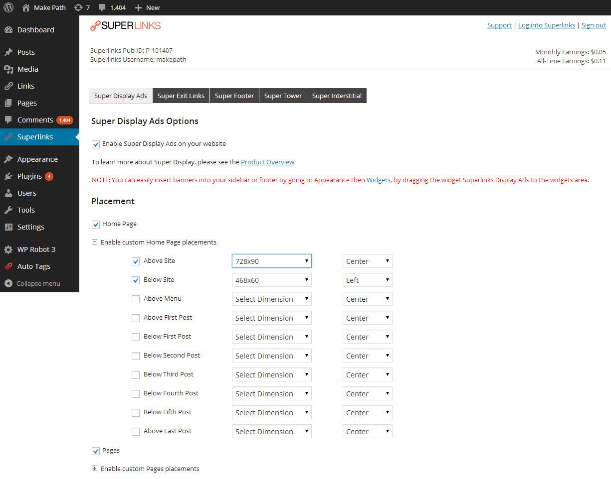 Super Display Ads placement settings