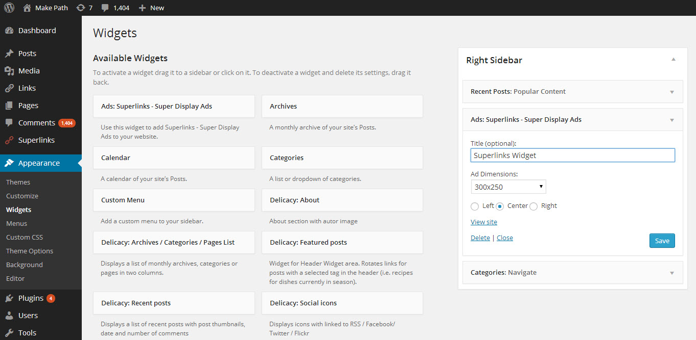 Appearance Widgets display ads sidebar