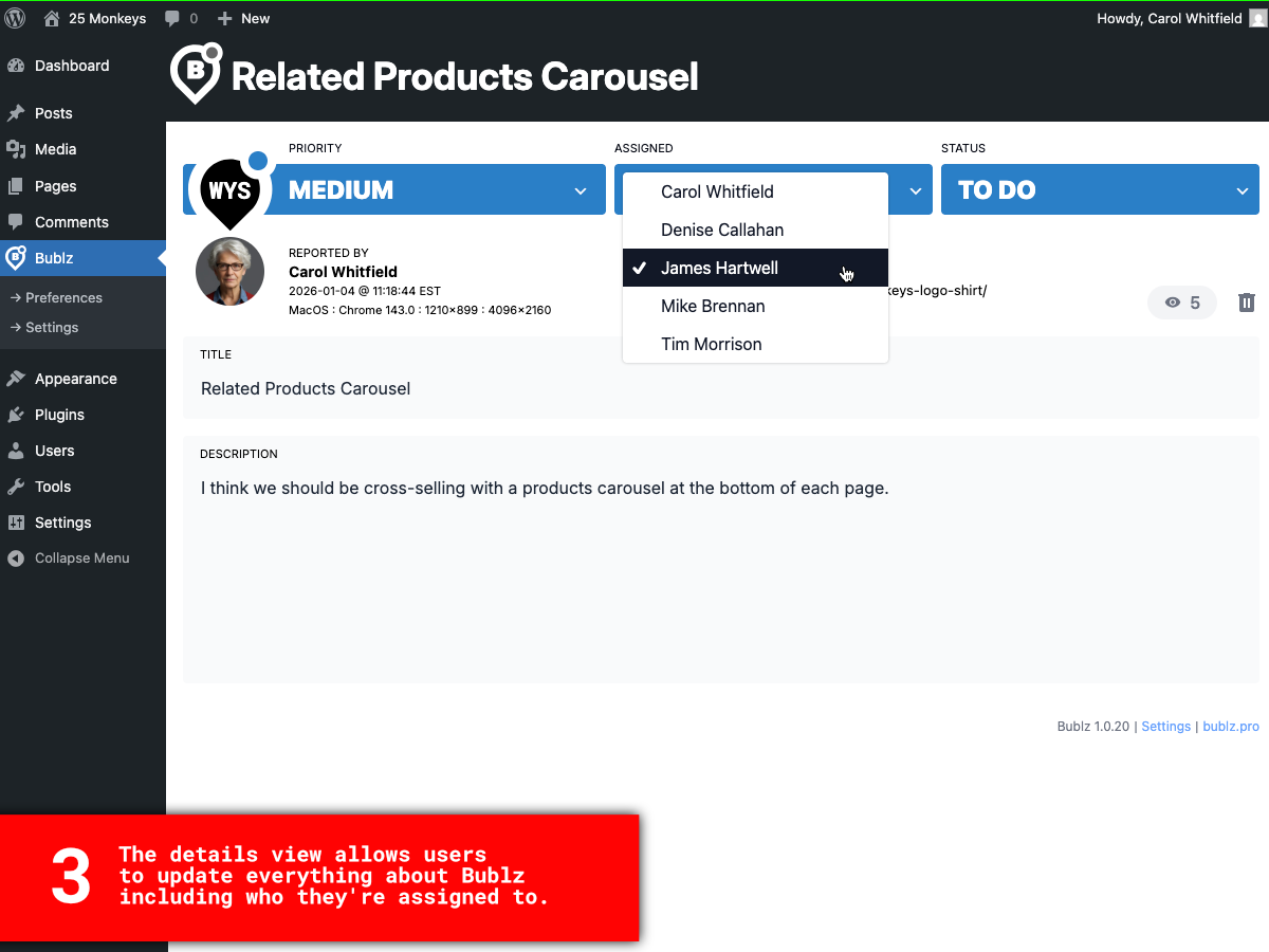 **Details View** - Manage priorities, status, task assignment and Ticket details