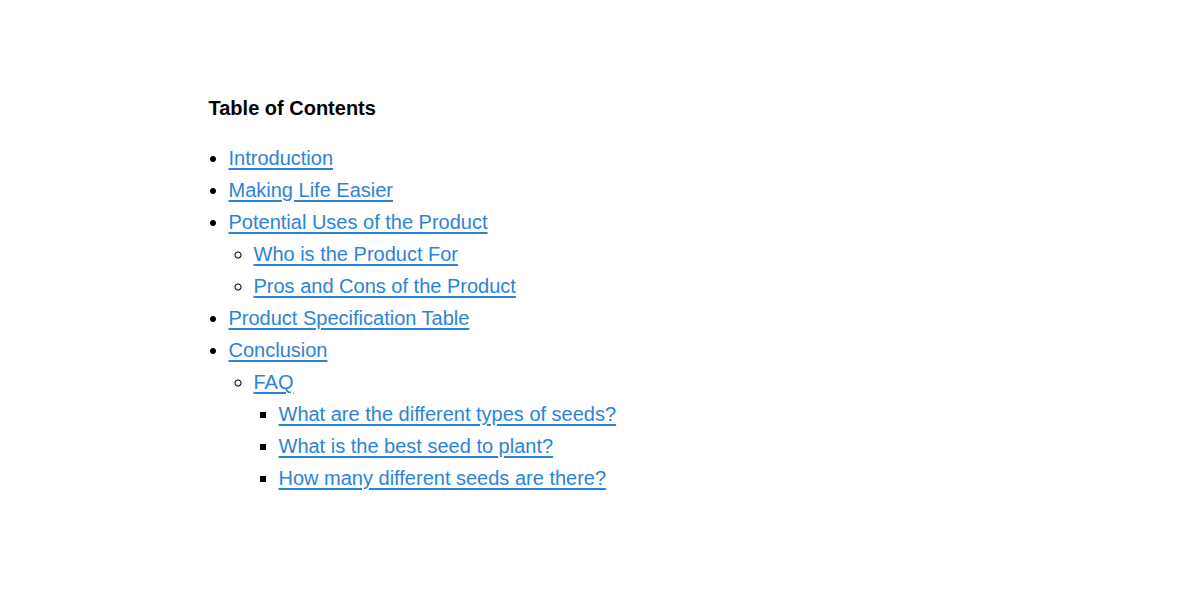 Example of a generated "Table of Contents".