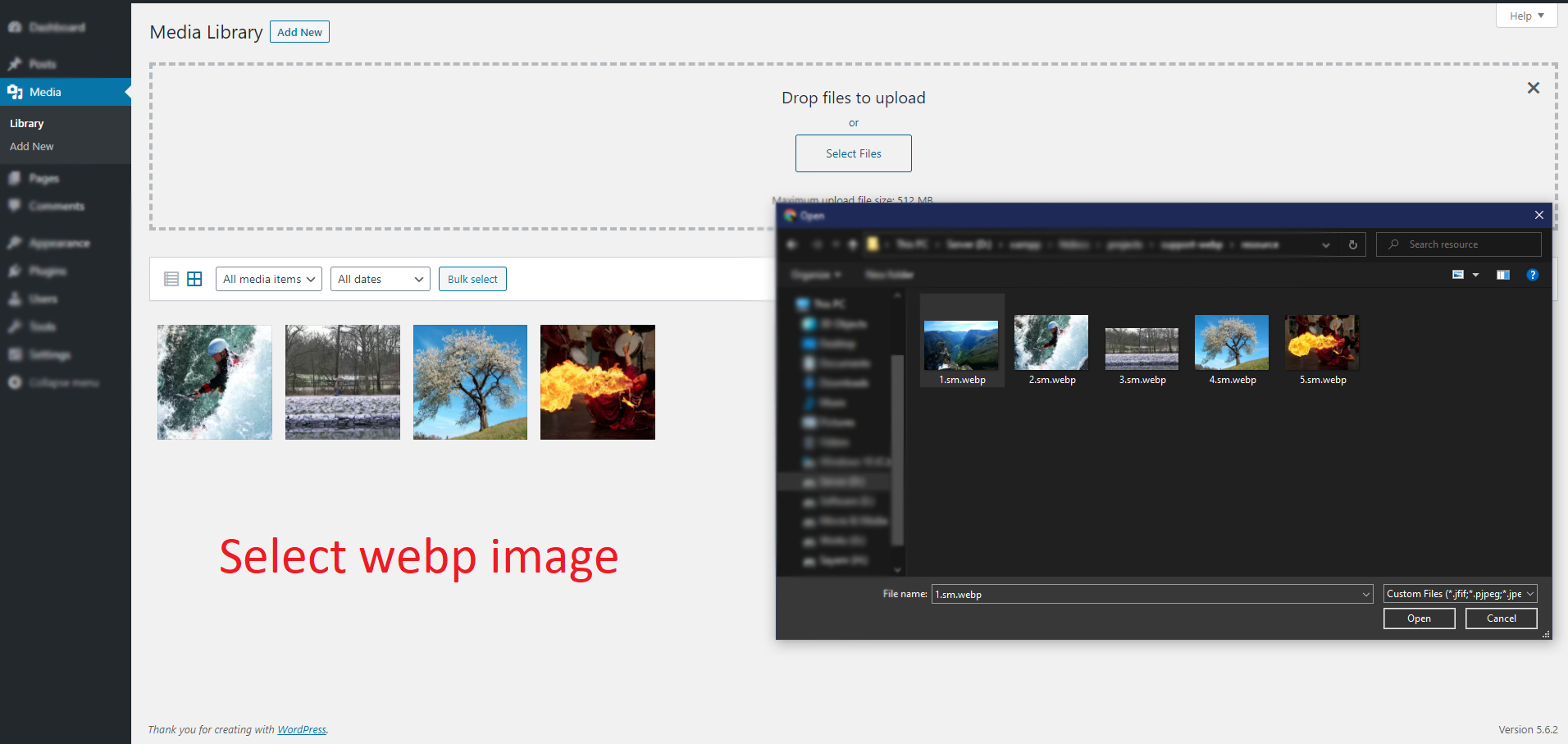 Select webp image during upload.