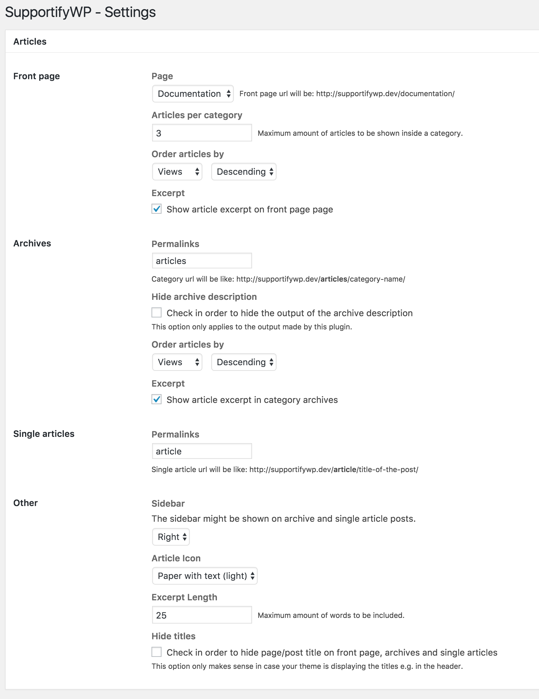 Settings page