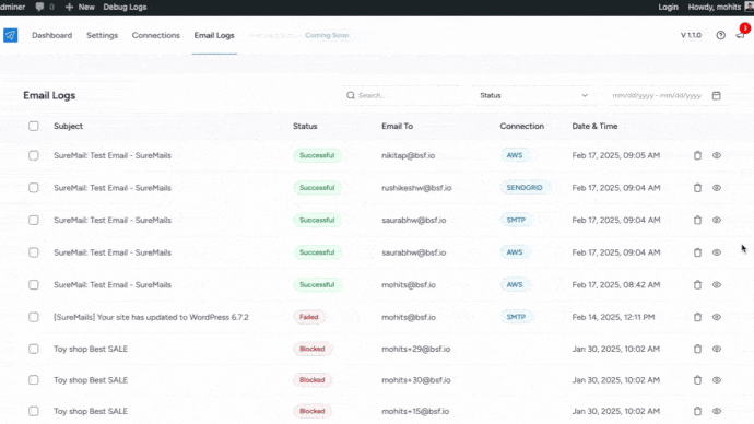 Email Logs – Monitor your email activity with detailed logs to track successful, failed, in progress, and blocked emails easily.