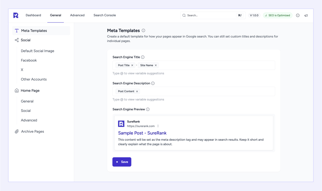 Set global titles and descriptions for your site—keep your content optimized without editing each page manually.