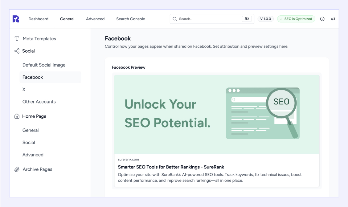 Control how your pages look on social platforms—set fallback images and metadata for Facebook and X.