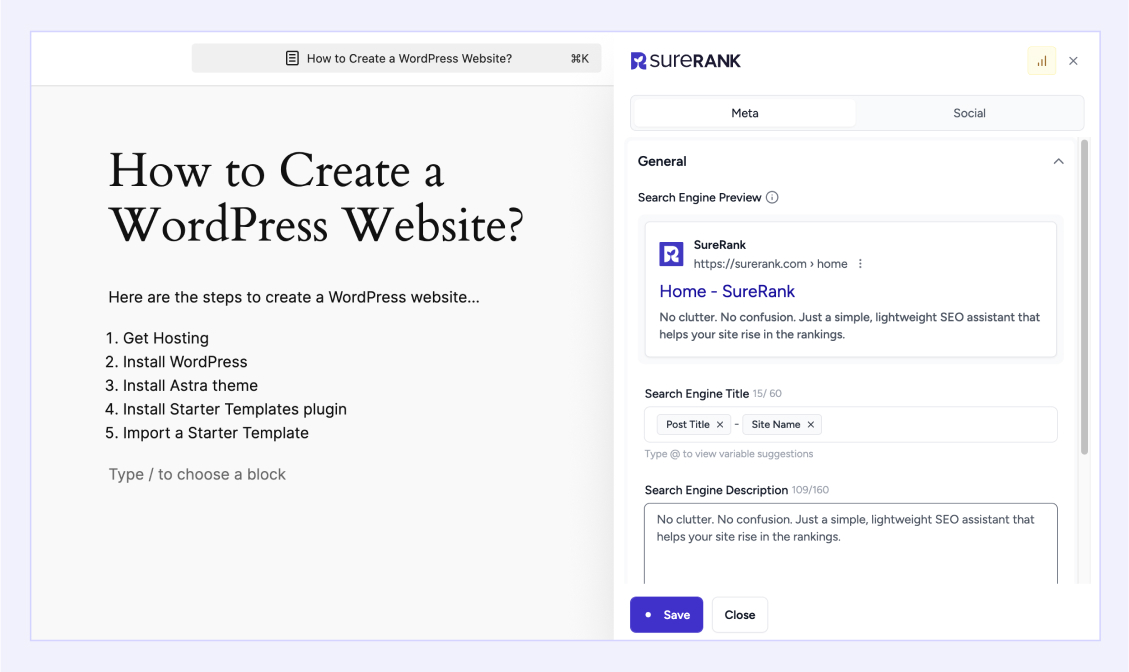 Edit SEO details directly in the editor—titles, descriptions, social previews, indexing, and schema all in one panel.