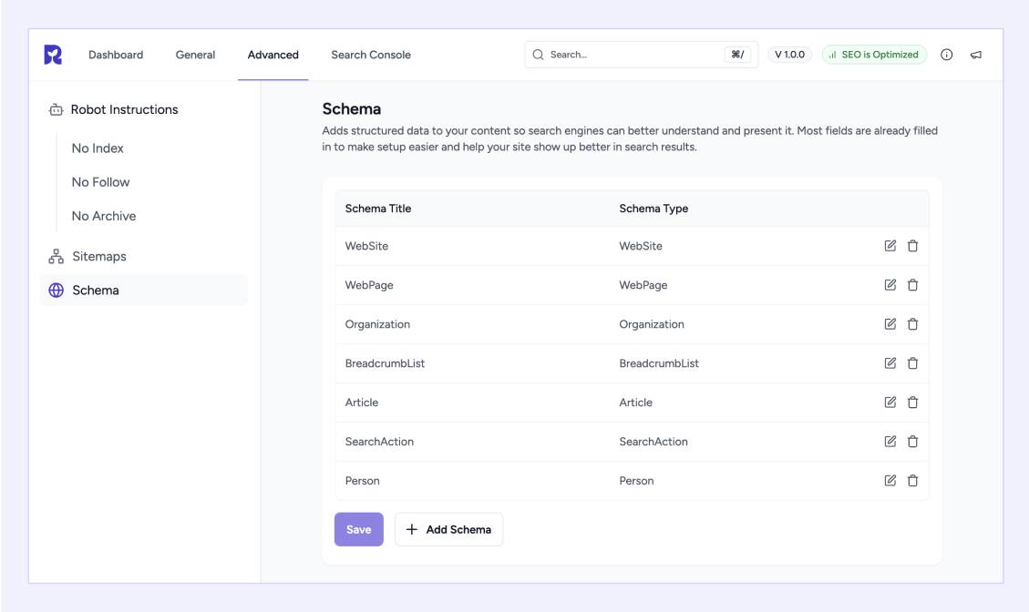 Manage your site's structured data with ease—set default types and control how search engines understand your content.
