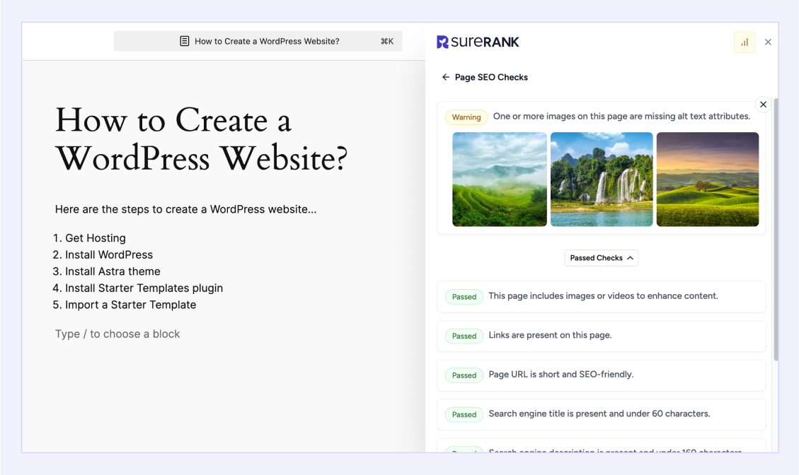 Run smart checks on every page—spot missing titles, low content, link issues, and more at a glance.