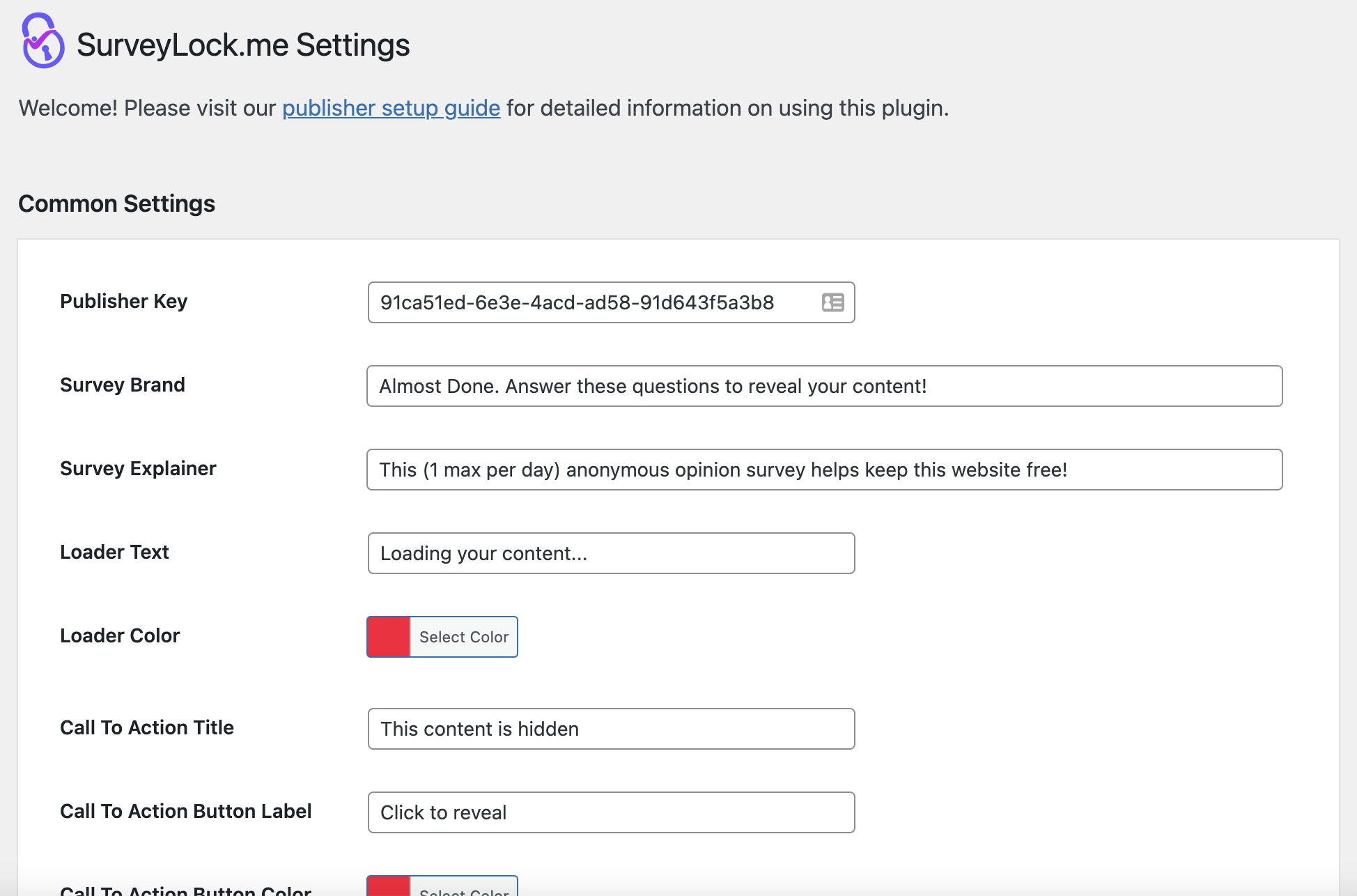 The SurveyLock.me plugin admin section