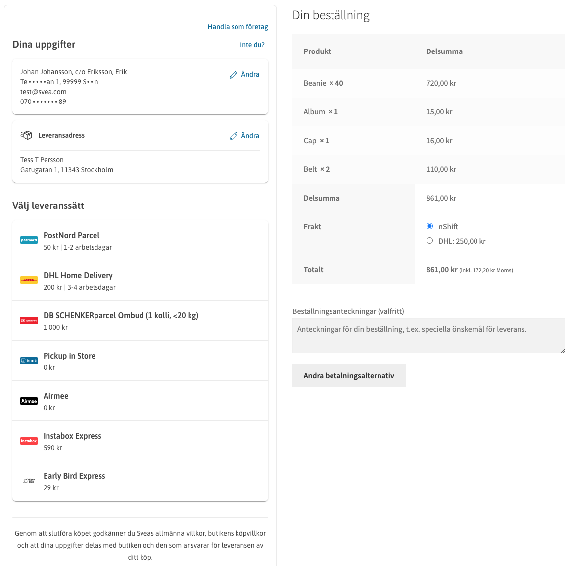 nShift-integration with integrated shipping methods in Svea Checkout.