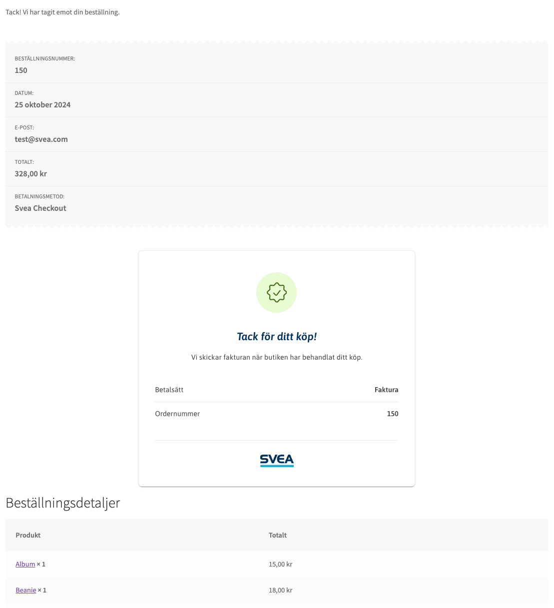 Thank-you page displayed after successful purchase through Svea Checkout.