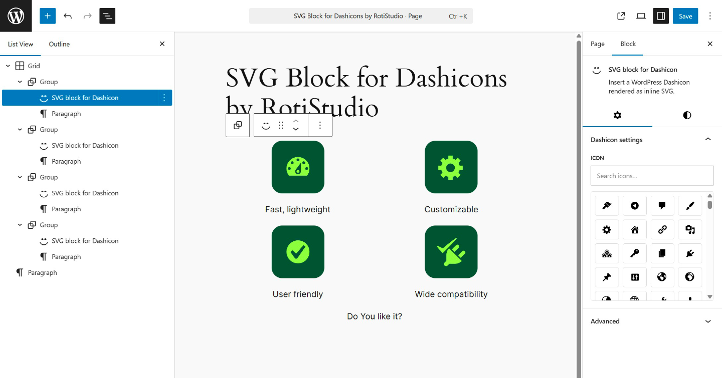 Dashicons SVG block selector in the Gutenberg editor.