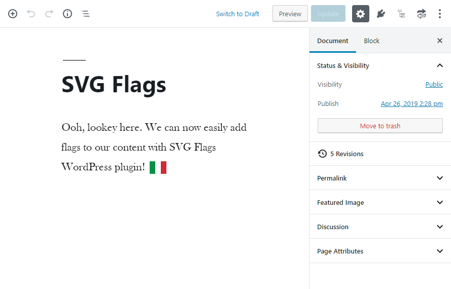 SVG flags rendering in the Gutenberg block-based editor.