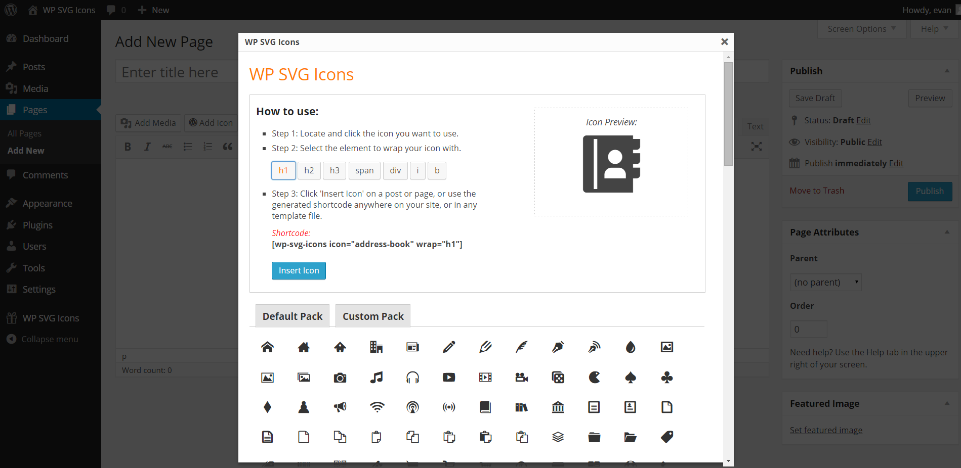 Brand new - generate your shortcode and enter icons into a post or page directly from the edit screen