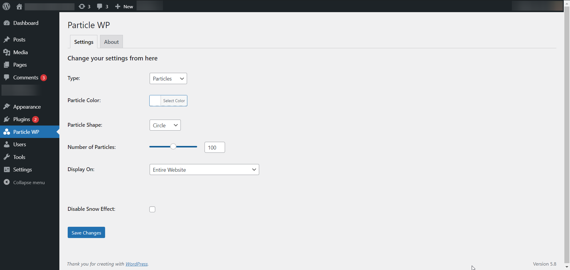 Admin settings to customize particle appearance.