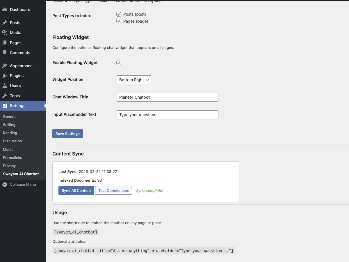 Content sync section showing indexed documents