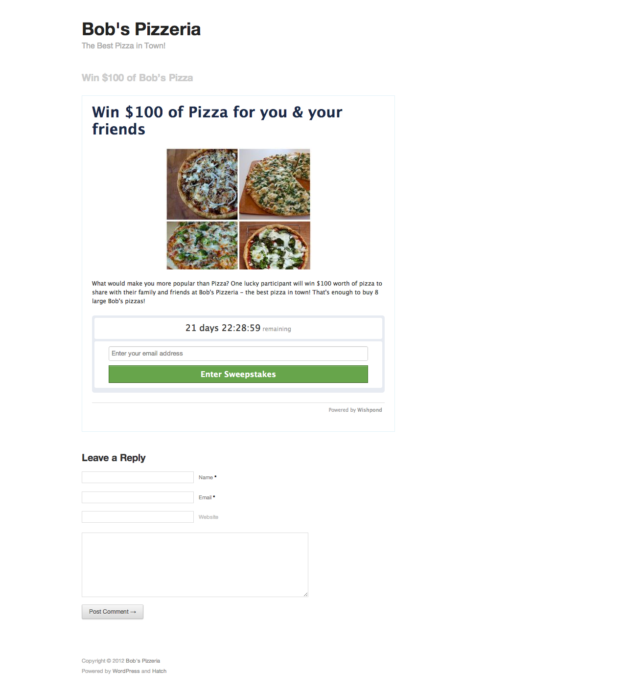 A Social Sweepstakes live on a Wordpress site