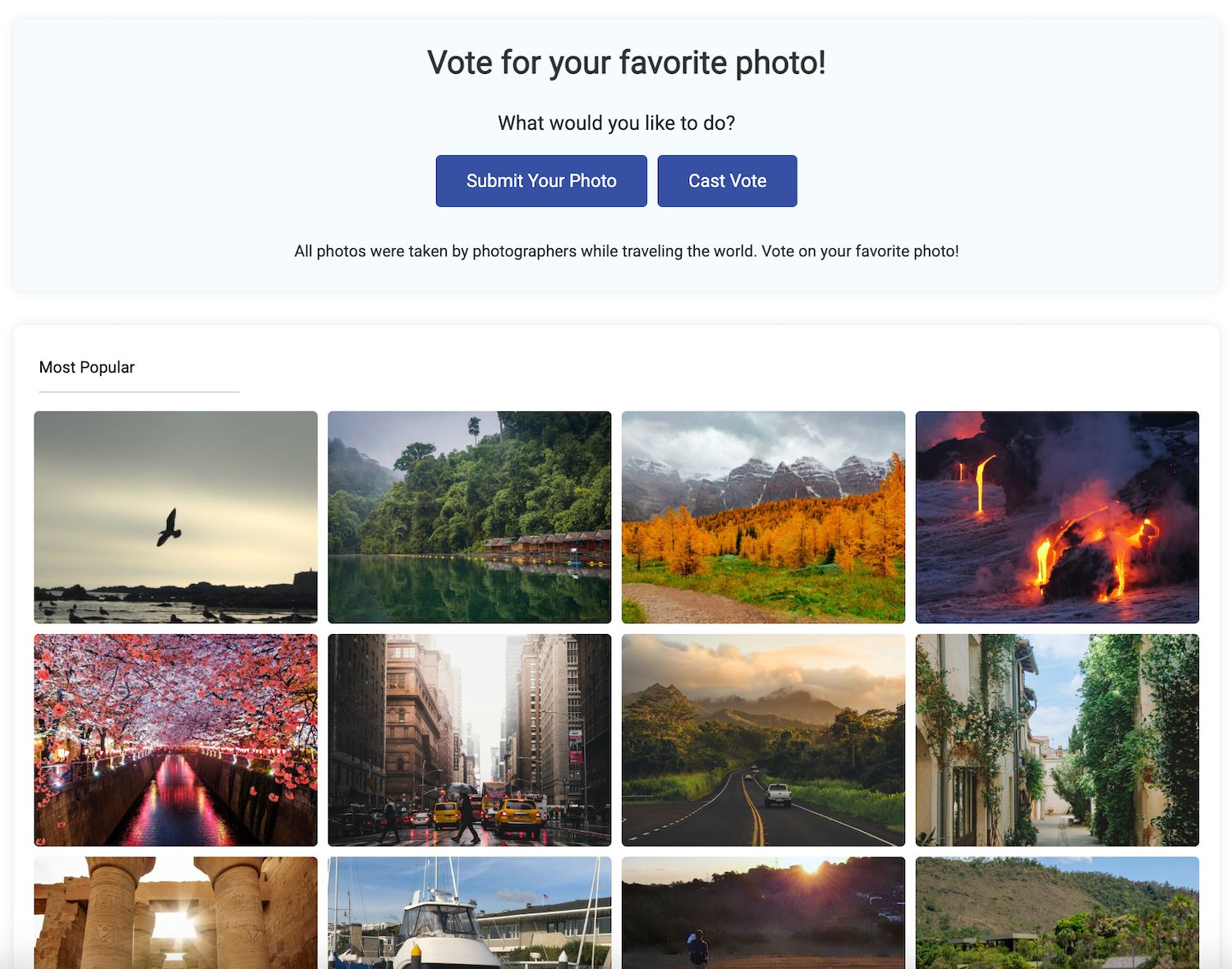 Photo contest voting gallery with user-submitted travel photos, submit and vote buttons, and Most Popular sorting