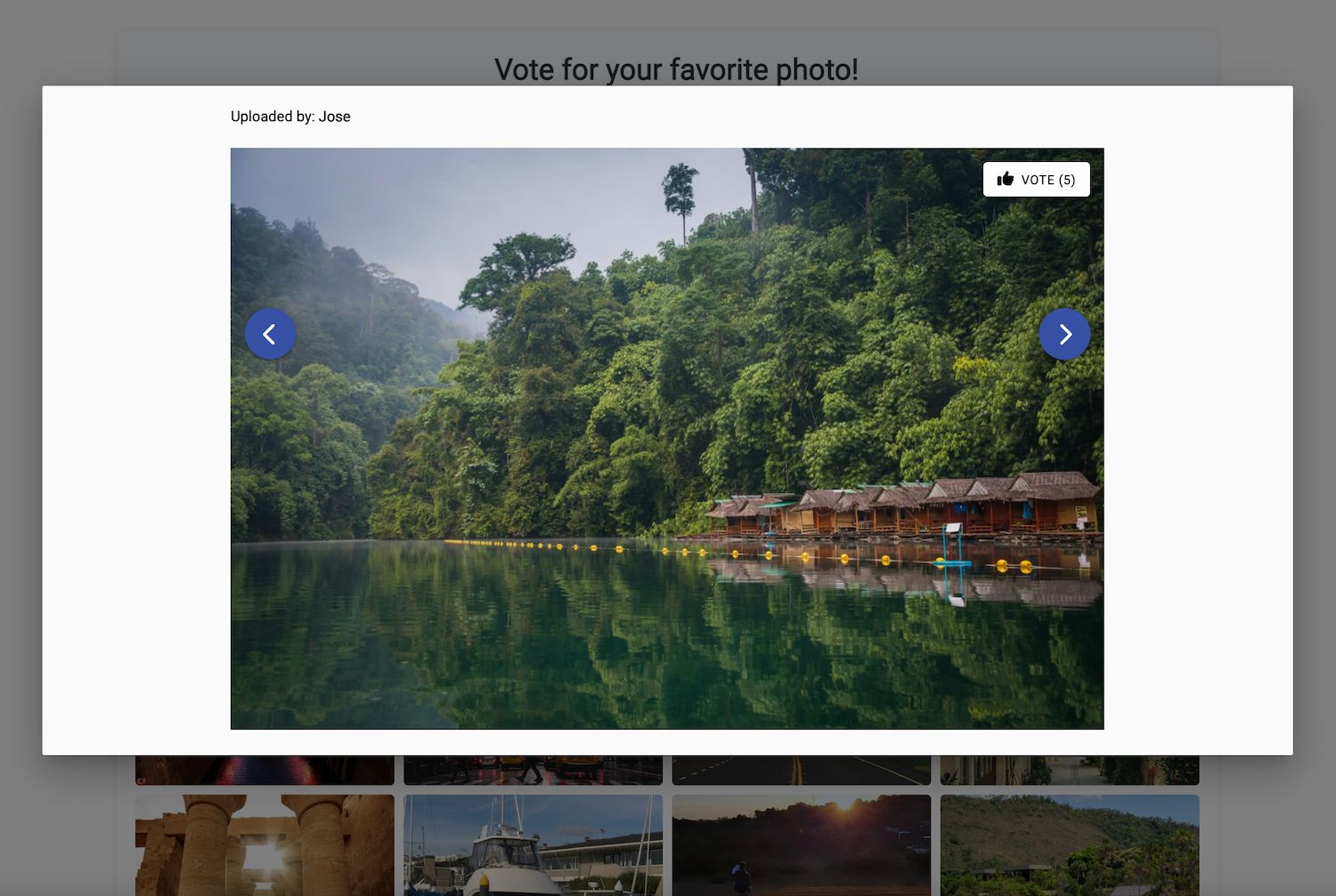 Photo contest voting lightbox with full-size image preview, vote button with count, and navigation arrows