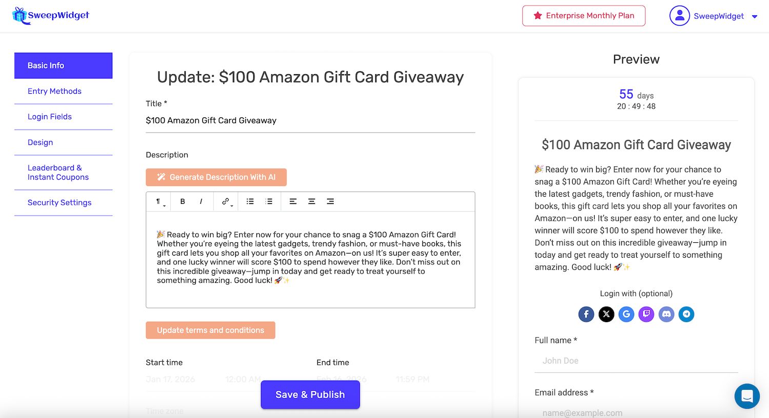 Giveaway builder with title, AI-generated description, terms and conditions, start and end dates, and live widget preview