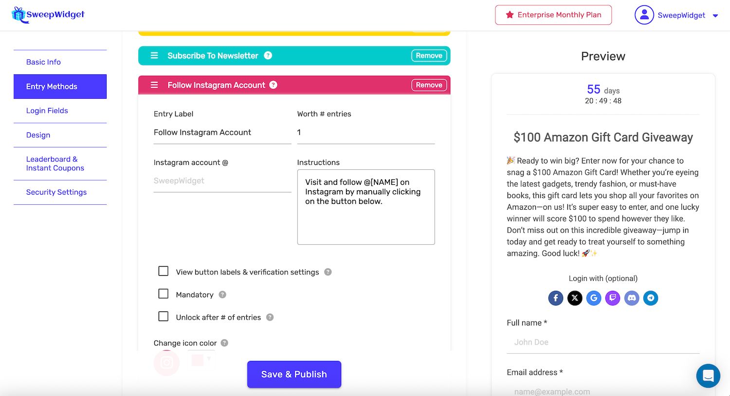 Entry method configuration showing drag-and-drop ordering, Instagram follow settings, entry labels, mandatory and unlock options