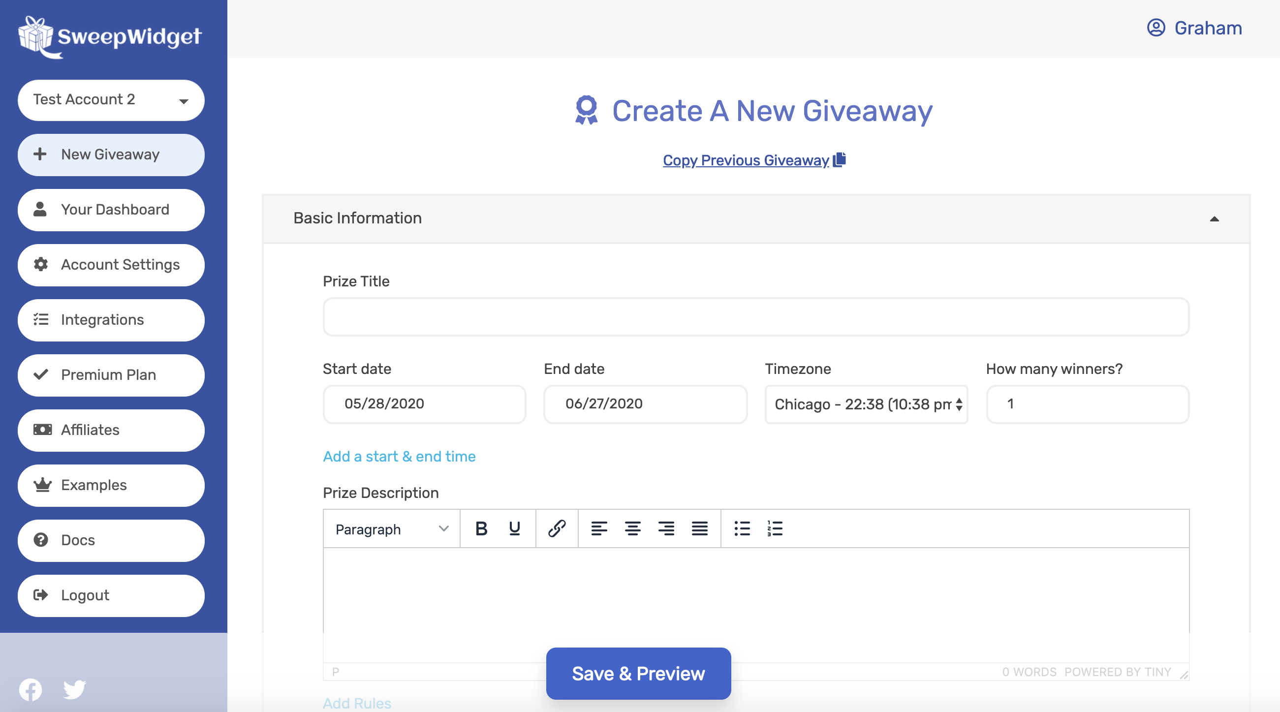 Creating a giveaway basic information