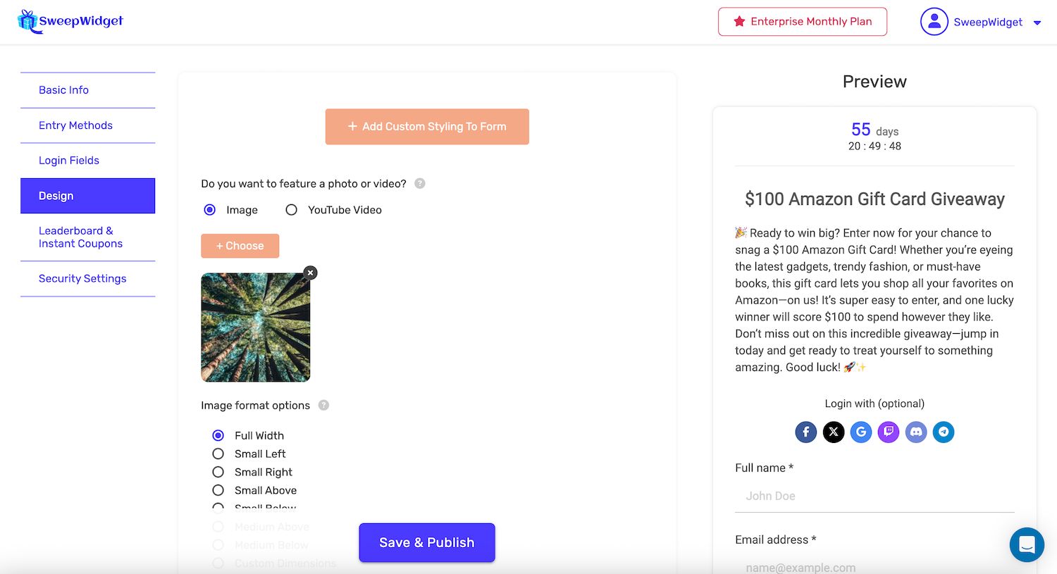 Design editor with custom styling, prize image upload, image format options, and live giveaway preview